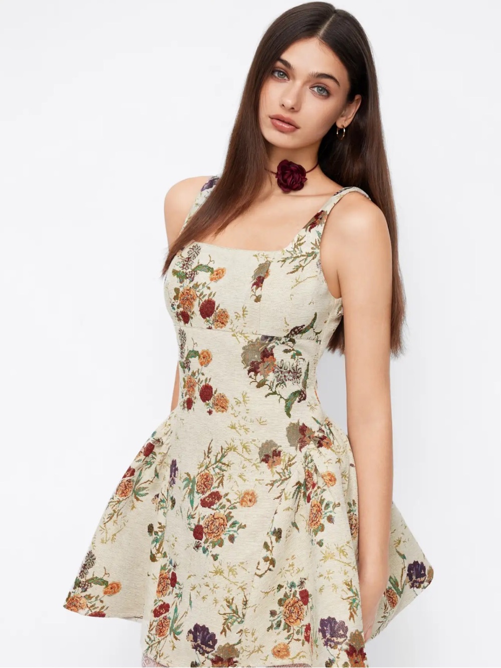 Floral Square-Neck Cream Fit & Flare Dress